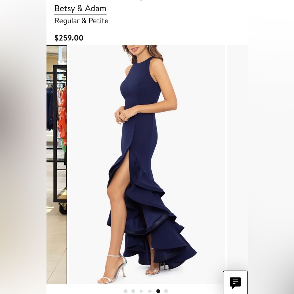 Betsy & Adam Ruffle Halter Crepe Gown, Navy Blue, Size 6.